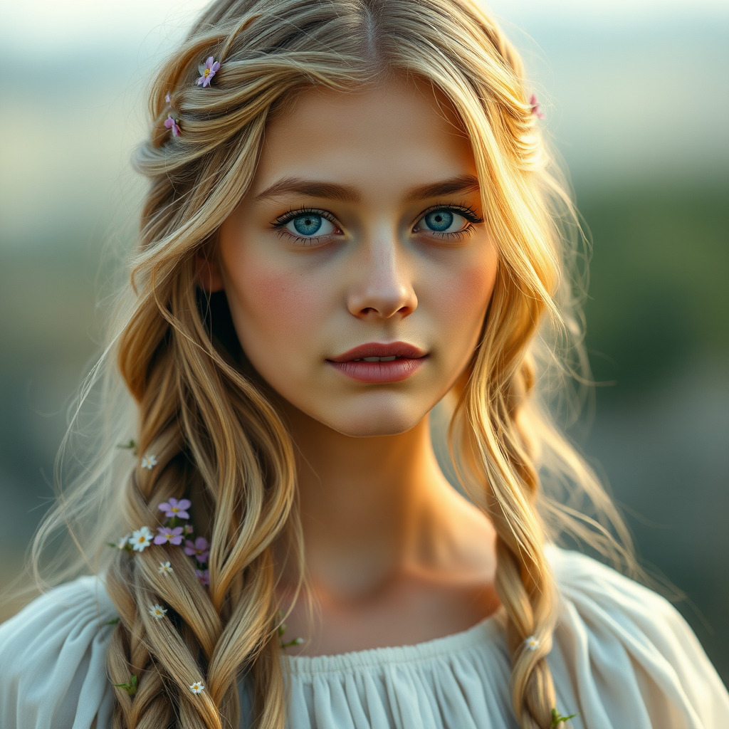 Create an image of a young Afghan woman with long, wavy blonde hair, adorned with small, colorful flowers woven into her braids and loose strands. Her complexion is fair, with soft, glowing skin, and she has light blue eyes that gaze softly at the viewer. She wears a light, flowing dress with a gentle, ethereal quality, complementing her delicate and serene appearance. The background is slightly blurred, drawing focus to her tranquil expression and the intricate details of the flowers in her hair. The overall mood of the image is one of natural beauty and grace, evoking a sense of peacefulness and connection with nature.