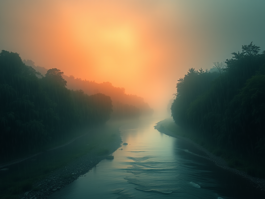 Create a serene landscape of a river running through a misty, rainy setting with dark green trees on either side and a soft orange glow in the sky, 50mm lens, f/5.6 aperture, ISO 100, with a soft focus effect, digital painting style.
