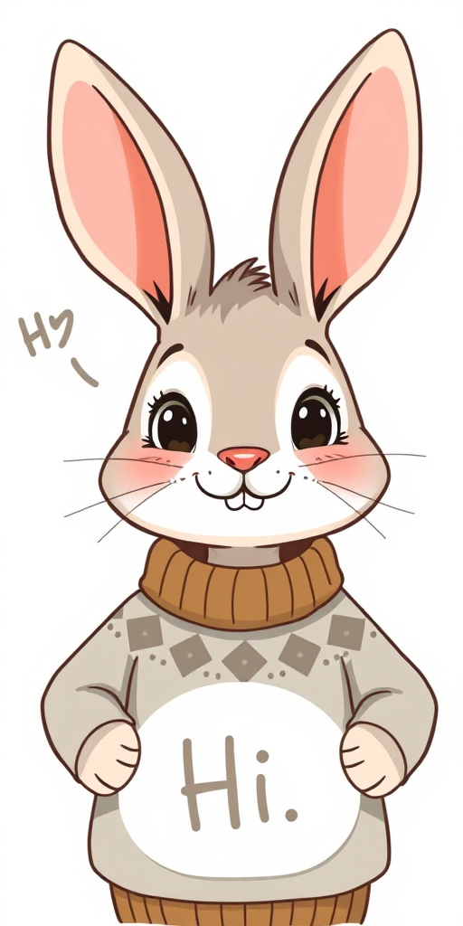 Illustration of a cute cartoon rabbit with large ears and a friendly expression, wearing a patterned sweater and a speech bubble saying "Hi", captured in high resolution with a Canon EOS R5, 50mm lens, f/1.8 aperture, 1/250 sec shutter speed, soft natural lighting.