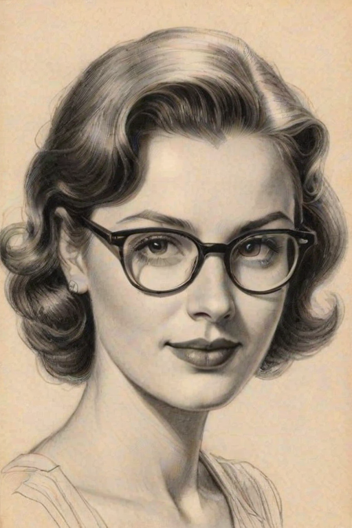 Delightful Mary Elizabeth Ellis, pencil sketch, portrait of Charming woman 1941s in glasses, hair style beatnik, outline, clear lines, fine lines, 8k