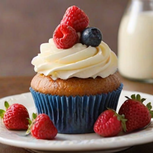 Generate an image of a delicious cupcake with a light vanilla frosting topped with fresh strawberries, raspberries, and blueberries. The cupcake should have a golden-brown base and a glossy fruit glaze drizzled on top. The setting should be bright and inviting, showcasing the vibrant colors of the fruits.