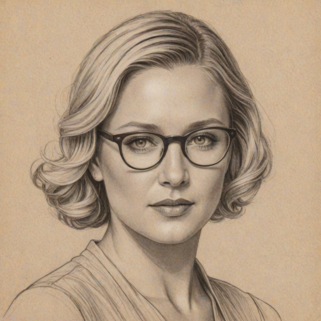 Fetching Jessica Capshaw, pencil sketch, portrait of Elegant woman 1934s in glasses, hair style beatnik, outline, clear lines, fine lines, 8k