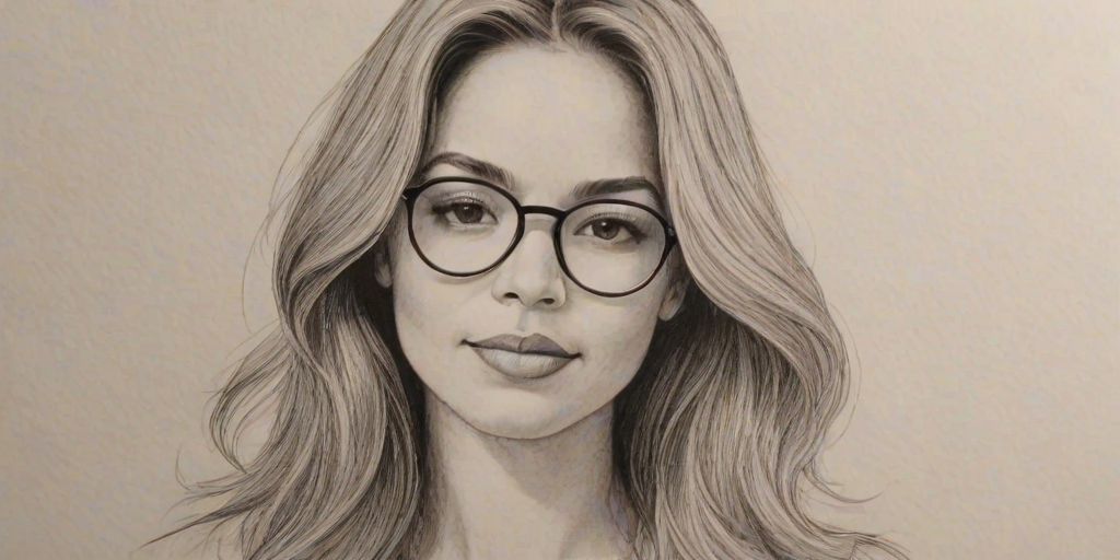 Charming Jennifer Freeman, pencil sketch, portrait of Splendid woman 1979s in glasses, hair style beatnik, outline, clear lines, fine lines, 8k