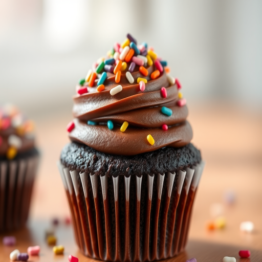 Create a high-resolution image of a chocolate cupcake with colorful sprinkles on top, captured with a Canon EOS 5D Mark IV at f/2.8, ISO 100, 1/200s, in a close-up view with natural lighting.
