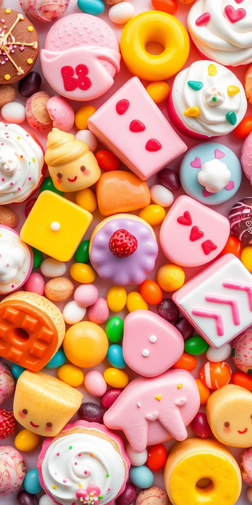 Generate a high-resolution image of a colorful assortment of cartoon desserts including ice cream, cakes, and candies, with a vibrant and cheerful color palette, captured using a DSLR camera at f/8 aperture, ISO 100, 50mm lens, shallow depth of field for a focused effect, flat lay composition for an overhead view.