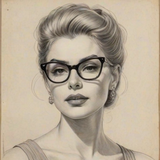Sublime Deborah Kara Unger, pencil sketch, portrait of Magnificent woman 1958s in glasses, hair style beatnik, outline, clear lines, fine lines, 8k