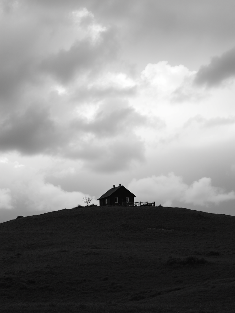 a solitary house on a hill under a moody sky filled with dark clouds, monochrome atmosphere, rural setting, slight overcast lighting