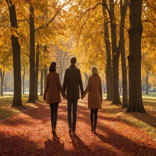 High-resolution, warm image of a couple walking hand-in-hand through a park in autumn, leaves in shades of orange, red, and gold carpeting the ground, soft sunlight filtering through the trees, a gentle breeze rustling the leaves, shadows stretching across the path behind them.