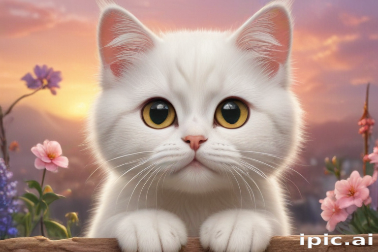 A Cute White Kitten with Big Eyes Surrounded by Colorful Flowers at Sunset