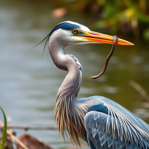 Create a highly detailed illustration of a heron with a snake in its beak, set in a natural riverbank environment, using a Canon EOS R5 camera, 85mm lens, f/1.8 aperture, ISO 200, natural light, and a shallow depth of field for a soft background.