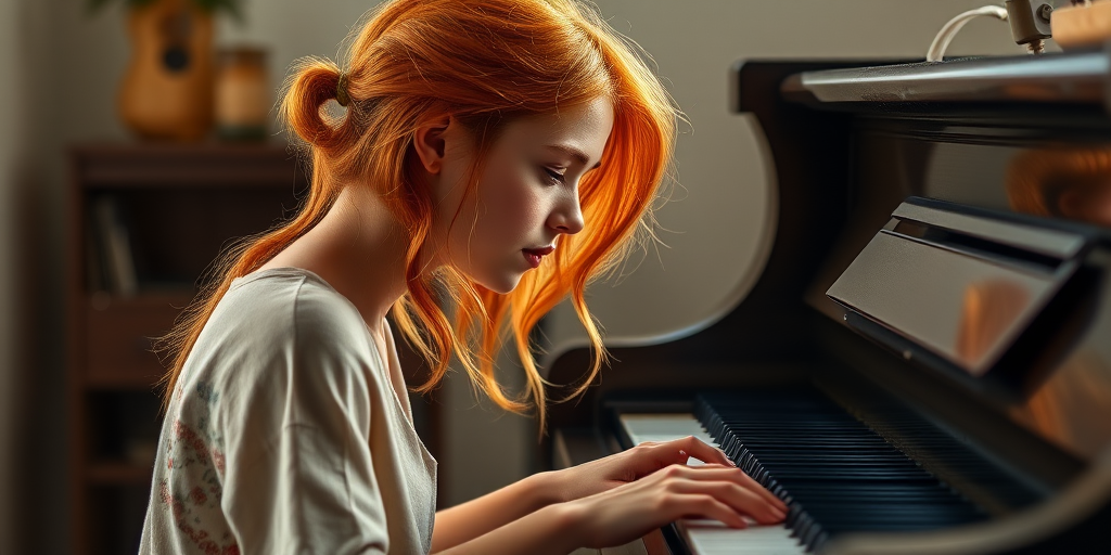 A young woman with orange hair playing a piano, side profile, soft focus, natural light, 50mm lens, f/1.8 aperture, ISO 200, high-resolution digital art style.