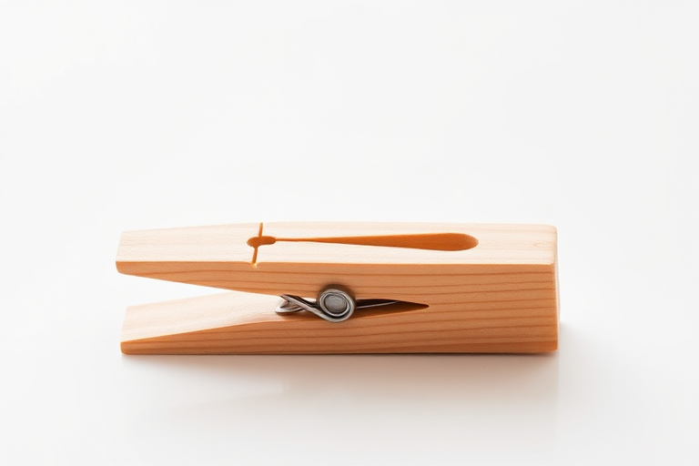 Create a high-quality image of a wooden clothespin on a white background, using a DSLR camera, Aperture f/4, ISO 100, shutter speed 1/200s, focal length 50mm, in natural light with a soft focus effect.