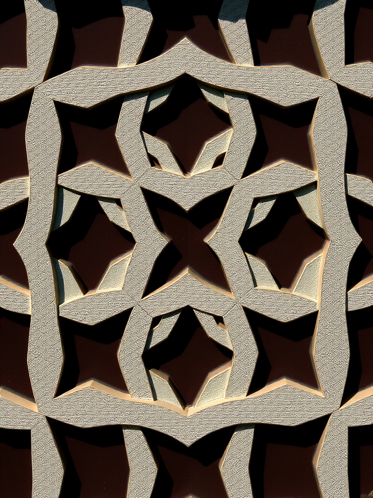 Create an abstract geometric pattern featuring intertwining shapes with a high contrast color scheme, captured with a 50mm lens at f/1.8, ISO 100, with a shallow depth of field, using a DSLR camera in natural lighting.