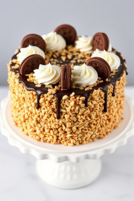 A beautifully decorated cake covered in chopped nuts with swirls of whipped cream on top and chocolate drizzle, garnished with cookies and a rich chocolate layer, displayed on a decorative white cake stand.