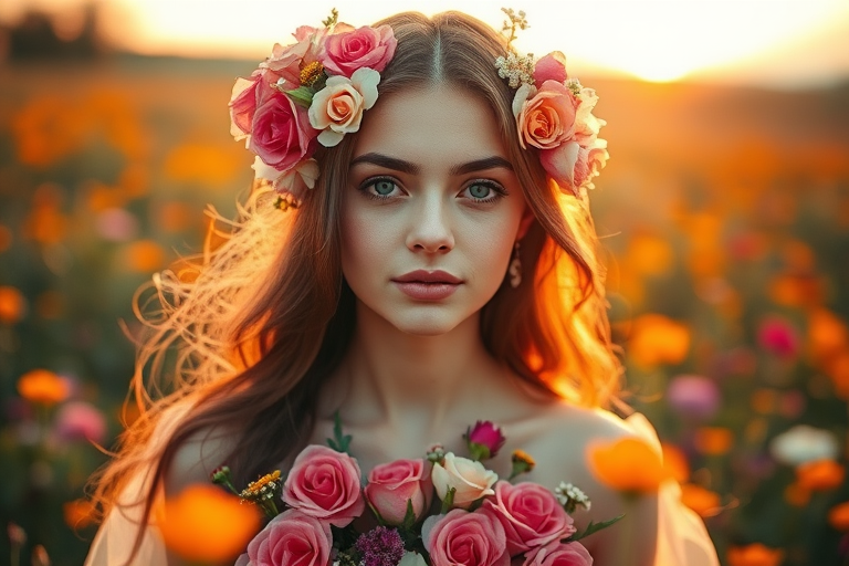 Create an ethereal portrait of a woman adorned in a floral dress made of roses and blossoms, set in a vibrant sunset meadow, capturing soft, natural lighting with a shallow depth of field, using a DSLR camera at f/2.8, ISO 100, with a 50mm lens and shot from eye level to emphasize the details in the flowers and the subject's serene expression.