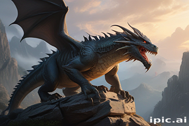 Majestic Dragon Perched on Rocky Mountain Peak Under Dramatic Sunset Sky