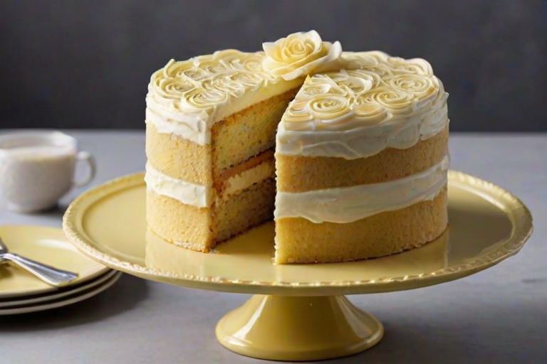 Create an image of a layered cake with a light yellow sponge, filled with creamy frosting and topped with decorative swirls. The cake should be displayed on a yellow cake stand, with a slice cut out to reveal the layers. The background should be dark to contrast with the cake.