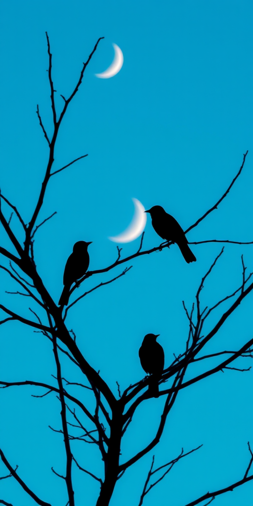 Capture a high-resolution image of silhouetted birds perched on bare tree branches against a bright blue sky with a crescent moon; use a Canon EOS 5D Mark IV, 85mm lens, f/8 aperture, ISO 200, 1/500 sec shutter speed, natural light with soft focus for depth.