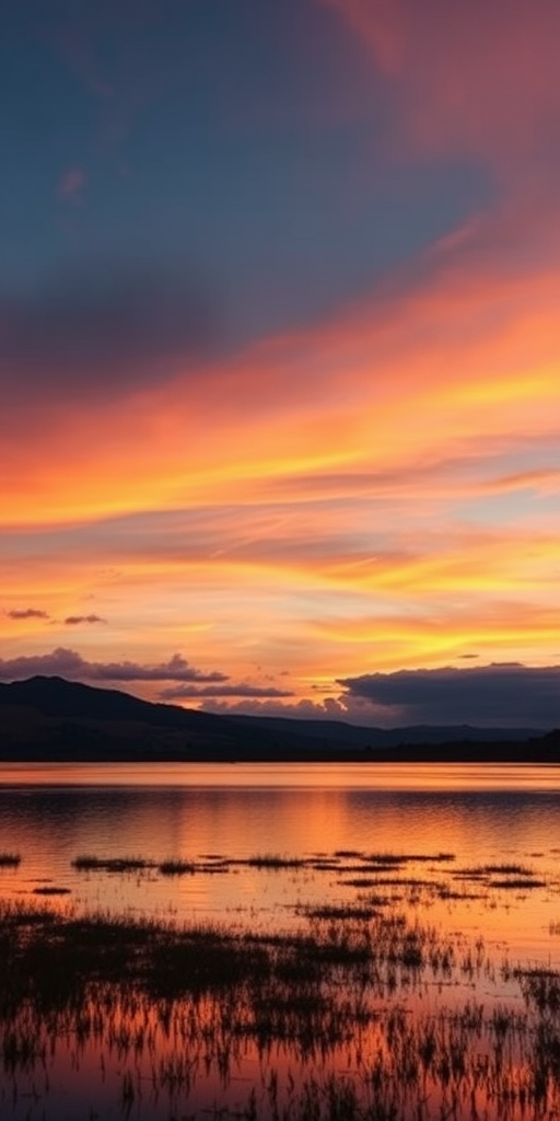 Create a high-resolution image of a serene landscape at sunset, with vibrant colors in the sky reflecting on a calm lake, using a Canon EOS R5, 24mm f/1.4 lens, ISO 100, shutter speed 1/125 sec, in landscape orientation.