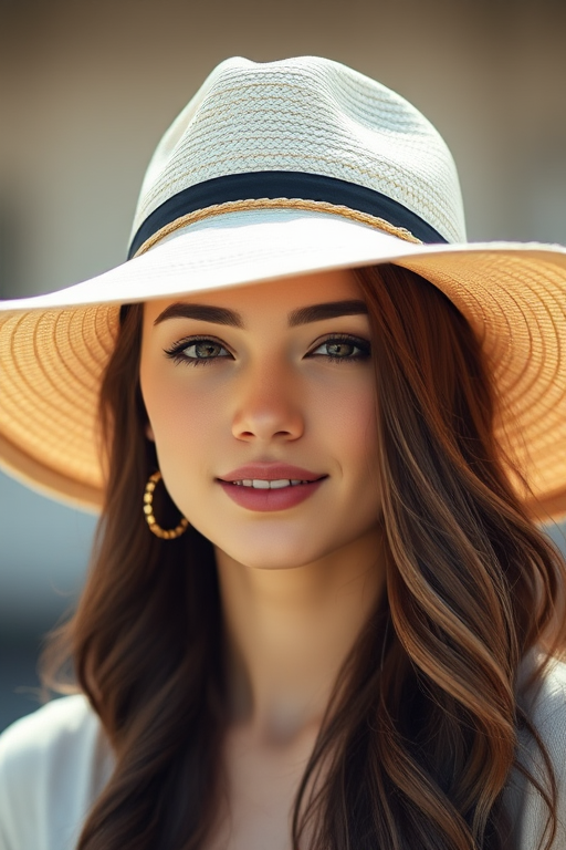 portrait of a young woman wearing a wide-brimmed hat, soft natural lighting, shallow depth of field, 50mm lens, f/1.8 aperture, ISO 100, captured with a digital DSLR camera, high-resolution settings for enhanced detail and clarity