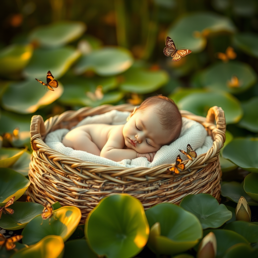 A serene scene of an infant sleeping in a woven basket surrounded by lily pads and butterflies, captured with a Canon EOS R5, 50mm f/1.2 lens, aperture set to f/2.8, ISO 200, in golden hour lighting for a soft, ethereal glow and shallow depth of field.
