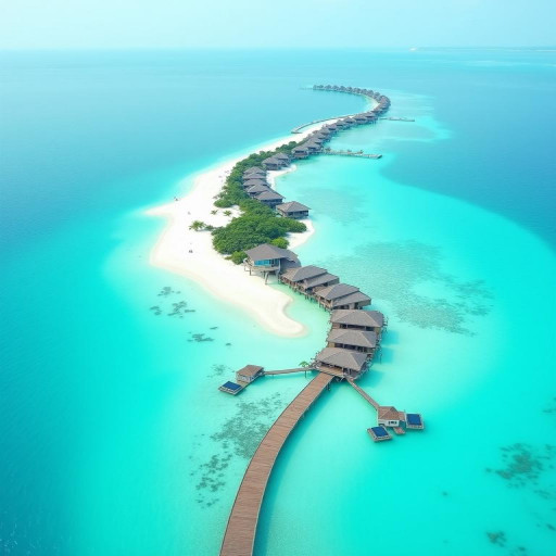 A high-quality, realistic aerial photo, a stunning travel and architectural shot, captured with a DJI Mavic 3 Pro or a Canon EOS R5 with a Canon RF 15-35mm f/2.8L IS USM lens (simulating a drone perspective). The image presents an exquisite overwater bungalow resort, likely in the Maldives, curving along a narrow, pristine white sand spit. The resort features numerous individual bungalows with traditional thatched or natural-toned roofs, connected by a long, elegant wooden boardwalk that follows the contour of the land.