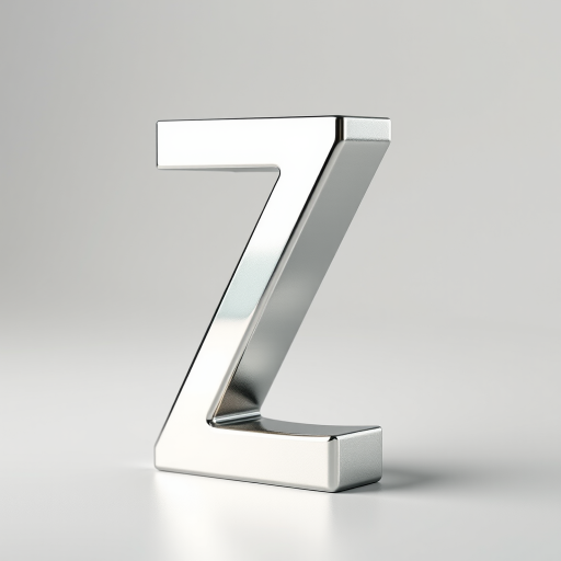 Create a high-resolution image of a 3D silver letter Z with a reflective surface, using a DSLR camera with an aperture of f/8, ISO 100, and 50mm focal length, in a studio setting with soft lighting for enhanced detail and clarity.