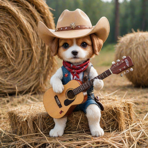 A chibi dog, dressed as a cowboy, playing guitar, sitting on a hay bale