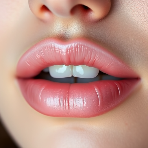 Enchanting close-up of pearlescent rose quartz lips with a dewy finish, emphasizing a soft, romantic glow and natural luminosity