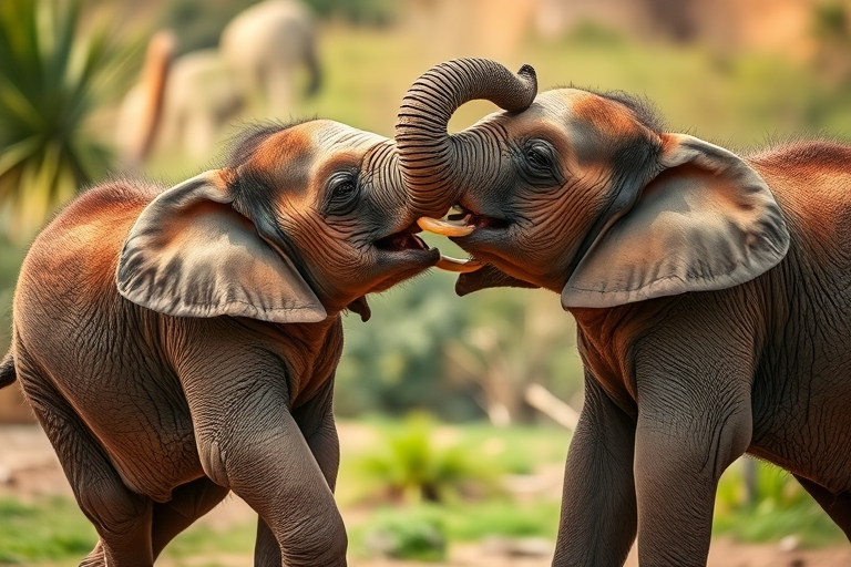 two baby elephants playfully interacting in a natural habitat, soft focus background, 50mm lens, f/2.8 aperture, ISO 200, shallow depth of field, DSLR camera