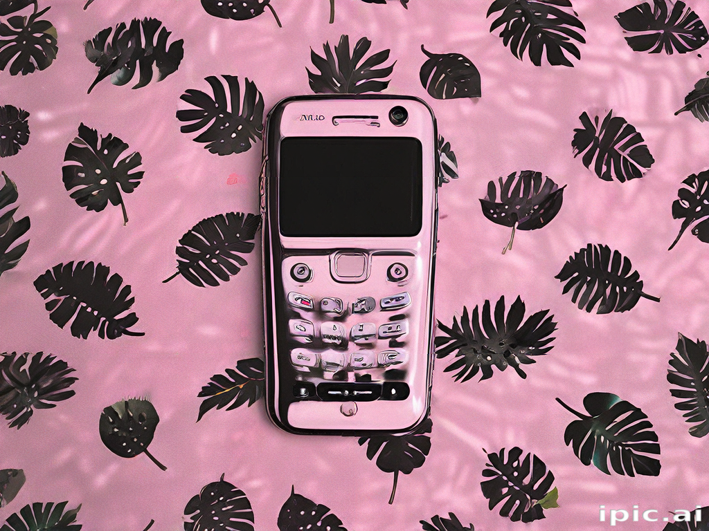 A Vintage Mobile Phone Surrounded by Tropical Leaves on a Pink Background