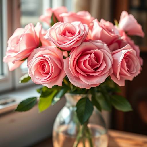 highly detailed illustration of pink roses in a vintage vase, soft natural lighting, depth of field, macro lens, high resolution, shot with a DSLR camera, f/2.8 aperture, 50mm focal length, ISO 100, 1/200s shutter speed