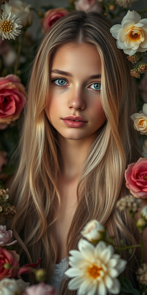 Portrait of a young woman with long blonde hair surrounded by artistic floral elements, captured with a Canon EOS R5, 85mm f/1.2 lens, shallow depth of field, soft lighting, and a slight golden hour glow for enhanced warmth and texture.