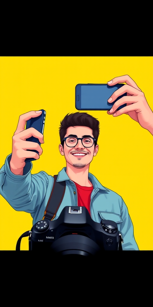 Create a vibrant digital illustration of a person taking a selfie against a bright yellow background, using a 50mm lens with an aperture of f/1.8, shooting from a slightly low angle for a dynamic perspective with a DSLR camera for high image quality.