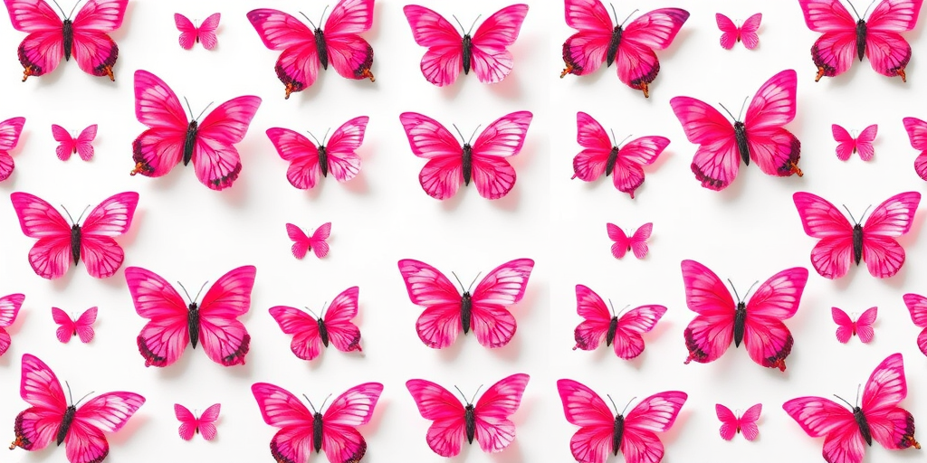 Create an image of a symmetrical pattern featuring various shades of pink butterflies. The butterflies should be evenly spaced in a grid layout, with each butterfly having intricate details on its wings. The background should be plain white to enhance the vibrancy of the butterflies.