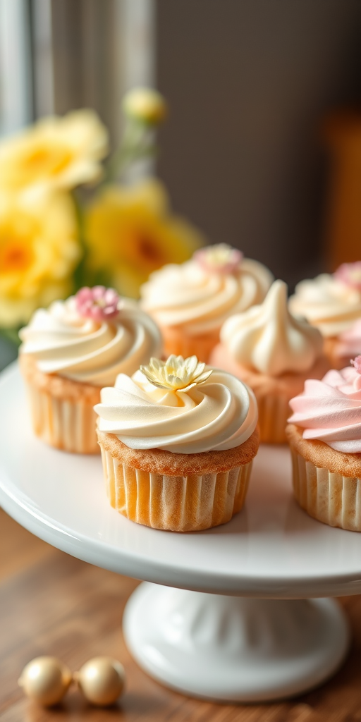 A close-up shot of beautifully decorated pastel-colored confectioneries arranged neatly on a round white cake stand, natural soft lighting, aperture f/2.8, shutter speed 1/125s, ISO 200, macro lens, DSLR camera.