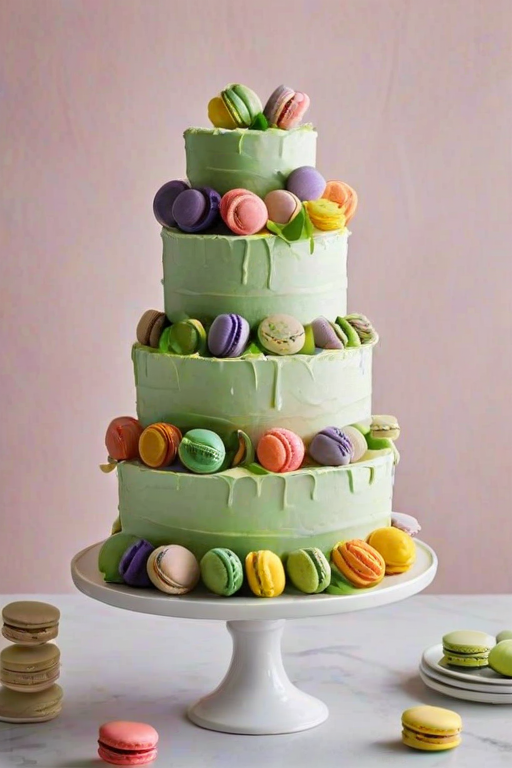Create a three-tiered white cake with smooth, textured frosting. Decorate it with a cascade of colorful macarons in shades of green, yellow, pink, and purple flowing down one side. Ensure the background is elegant and complements the cake design.