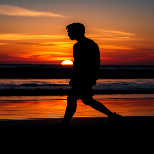 Generate a high-contrast silhouette of a person walking on a beach at sunset, using a Canon EOS 5D Mark IV with a 24-70mm f/2.8 lens, at f/8 aperture, ISO 100, and a shutter speed of 1/200 sec, capturing a wide-angle view with vibrant colors in the sky.