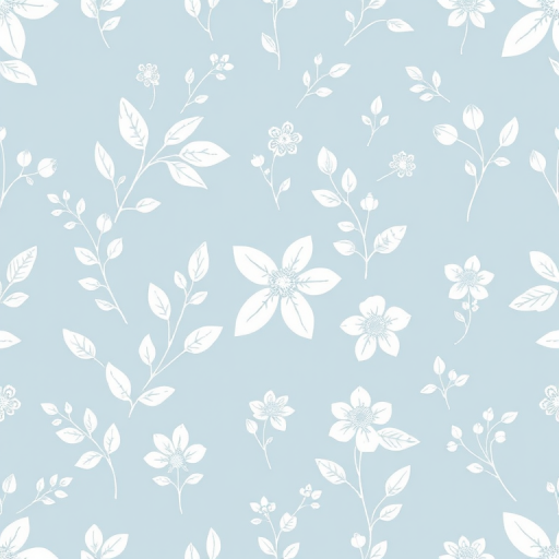 generate a seamless botanical pattern featuring hand-drawn white leaves and flowers on a soft blue background