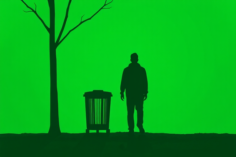 Create a high-resolution illustration of a green silhouette of a person walking towards a trash can, with a focus on texture and depth, taken with a DSLR camera at f/1.8 aperture, ISO 100, and a focal length of 50mm, using a soft focus style for an artistic effect.