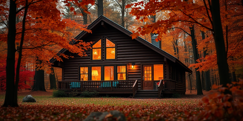 A cozy cabin in a vibrant autumn forest with orange and red leaves, warm glowing windows, taken with a DSLR camera at f/4, ISO 200, 24mm lens, soft evening light, low angle view, shallow depth of field.
