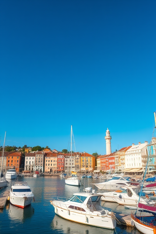 generate a vibrant coastal marina scene with a clear blue sky, featuring a lighthouse, yachts docked at the harbor, and colorful buildings, captured with a Canon EOS R5 at f/8, 1/200s, ISO 100, wide-angle lens, in bright daylight with crisp details and vivid colors.