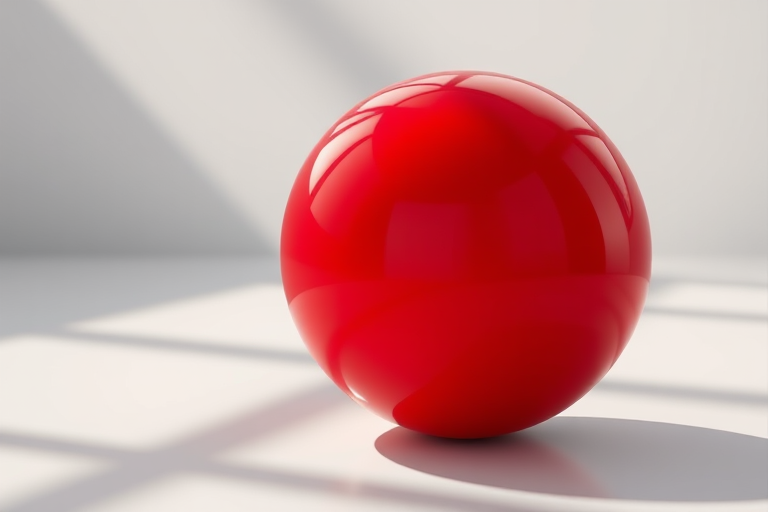 Create a highly detailed 3D render of a glossy red sphere, captured with a Canon EOS R5, 50mm lens, f/1.8 aperture, ISO 100, natural lighting to enhance reflections and shadows, focusing on vibrant color and smooth texture.