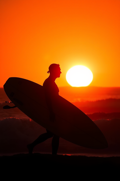 silhouette of a surfer holding a surfboard against a vibrant orange sunset, wide-angle view, f/8 aperture, ISO 200, shutter speed 1/200 sec, shot with a digital DSLR camera