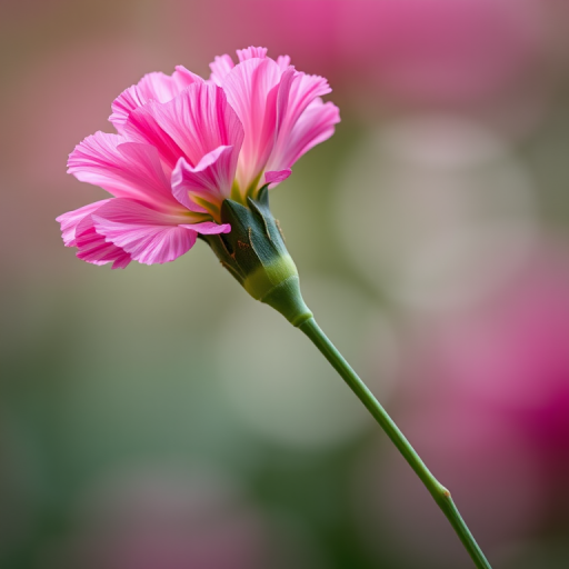 high-resolution image of a single pink carnation flower on a stem, captured with a DSLR camera, f/2.8 aperture, 50mm lens, natural lighting, macro view, soft focus background