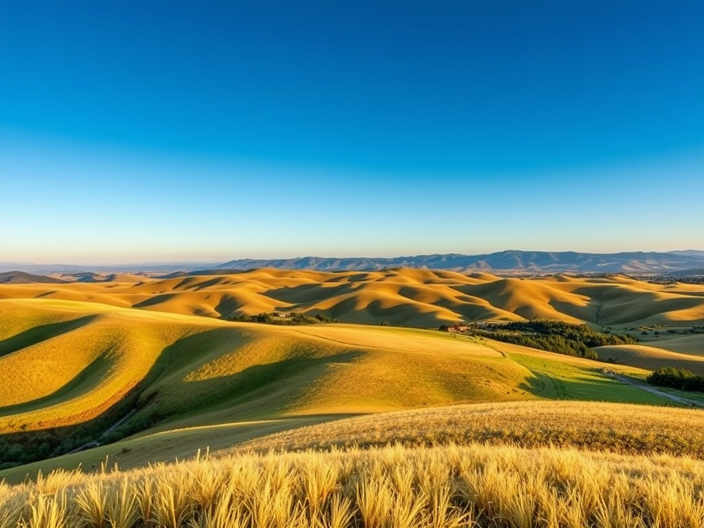 Create a high-resolution image of a serene landscape with rolling hills and a clear blue sky, taken with a Canon EOS 5D Mark IV, 24mm lens, aperture f/8, ISO 100, shutter speed 1/200s, in daylight with a slight golden hour effect.