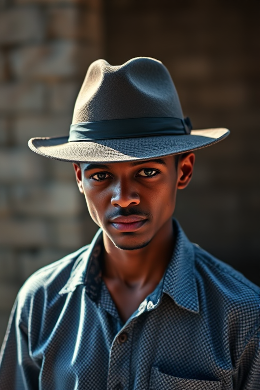 Create a high-resolution image of a person wearing a hat and a textured shirt, captured with a 50mm lens at f/1.8, ISO 100, in natural light, using a DSLR camera from a slightly elevated angle for a dynamic perspective.