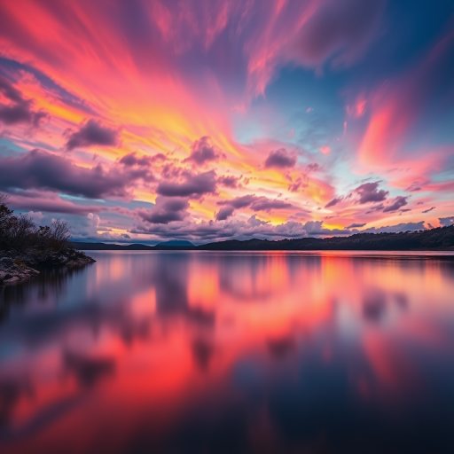 Create a high-resolution image of a dramatic sunset with vibrant colors over a serene lake, captured with a Canon EOS R5, 50mm lens, f/1.8 aperture, ISO 100, and a long exposure of 2 seconds, in landscape orientation.