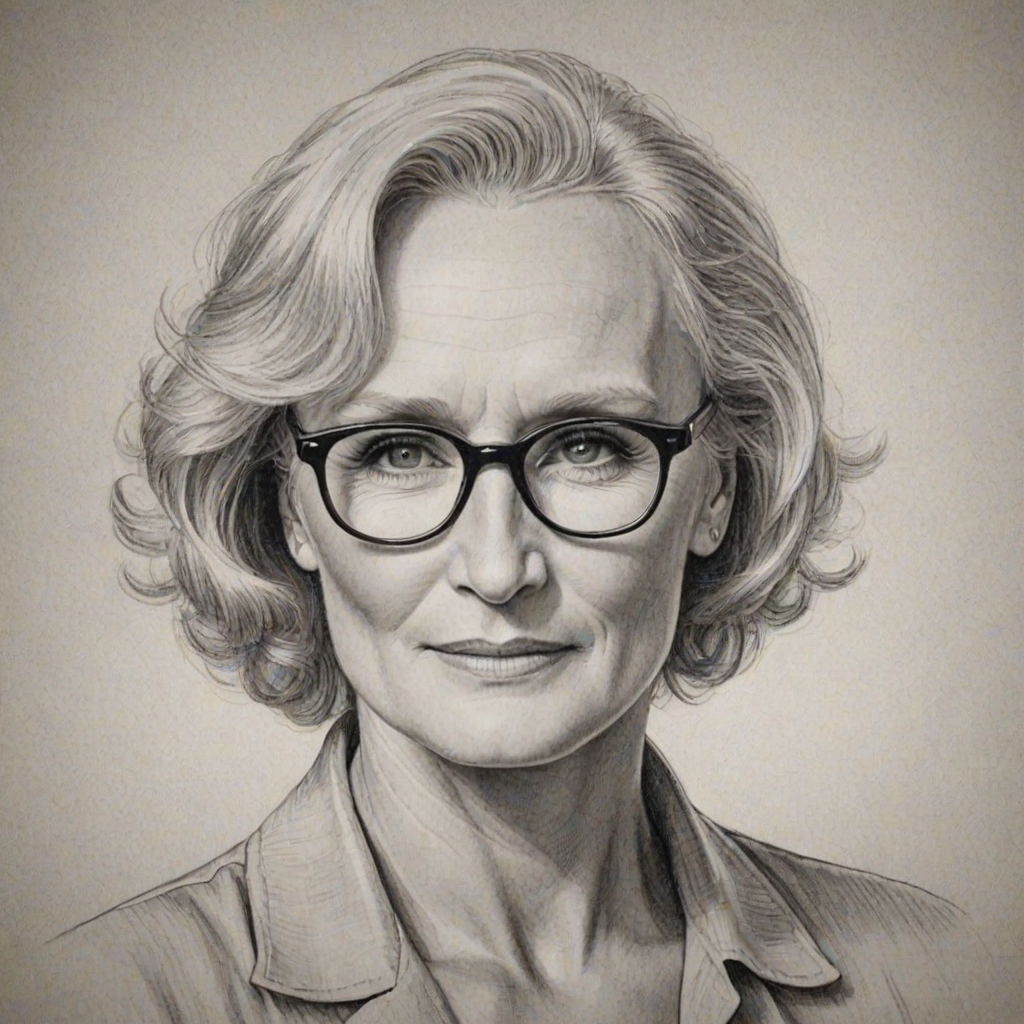 Attractive Glenn Close, pencil sketch, portrait of Delightful woman 1947s in glasses, hair style beatnik, outline, clear lines, fine lines, 8k