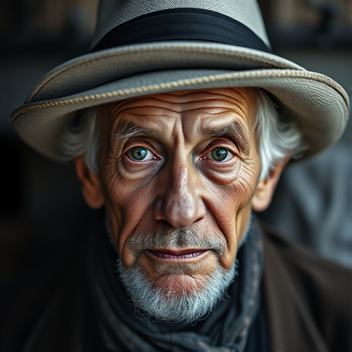 portrait of an elderly man wearing multiple hats, captured with a Canon EOS R5, 50mm lens, aperture f/1.8, shutter speed 1/200, ISO 100, natural light, shallow depth of field, focusing on facial details, monochrome style